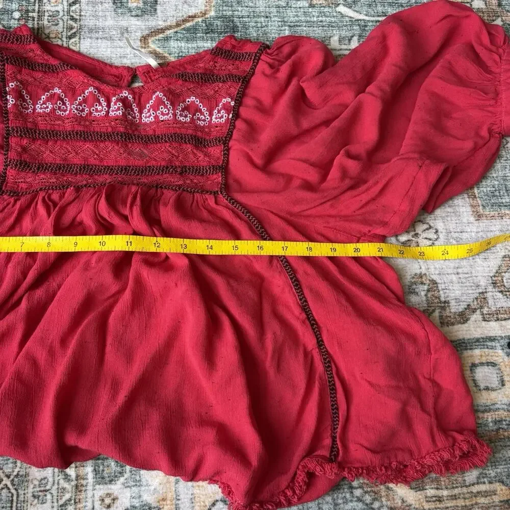 Free People Cyprus Avenue Embroidery Red Boho Long Sleeve Top Sz Large